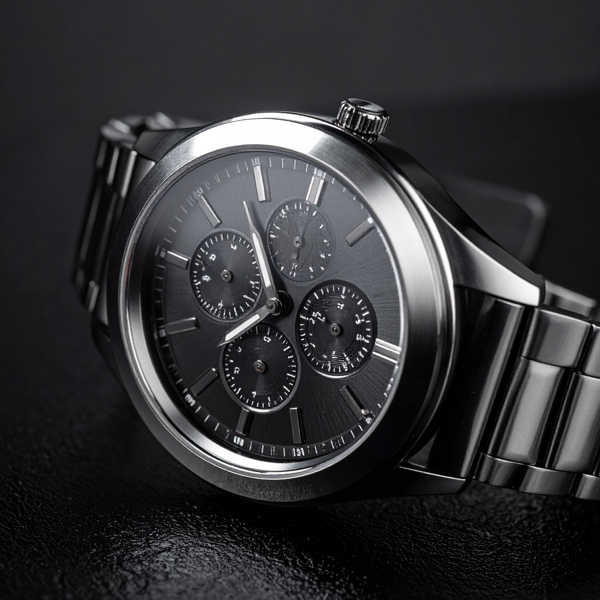 Metal Wristwatch with Black Dial Close-Up